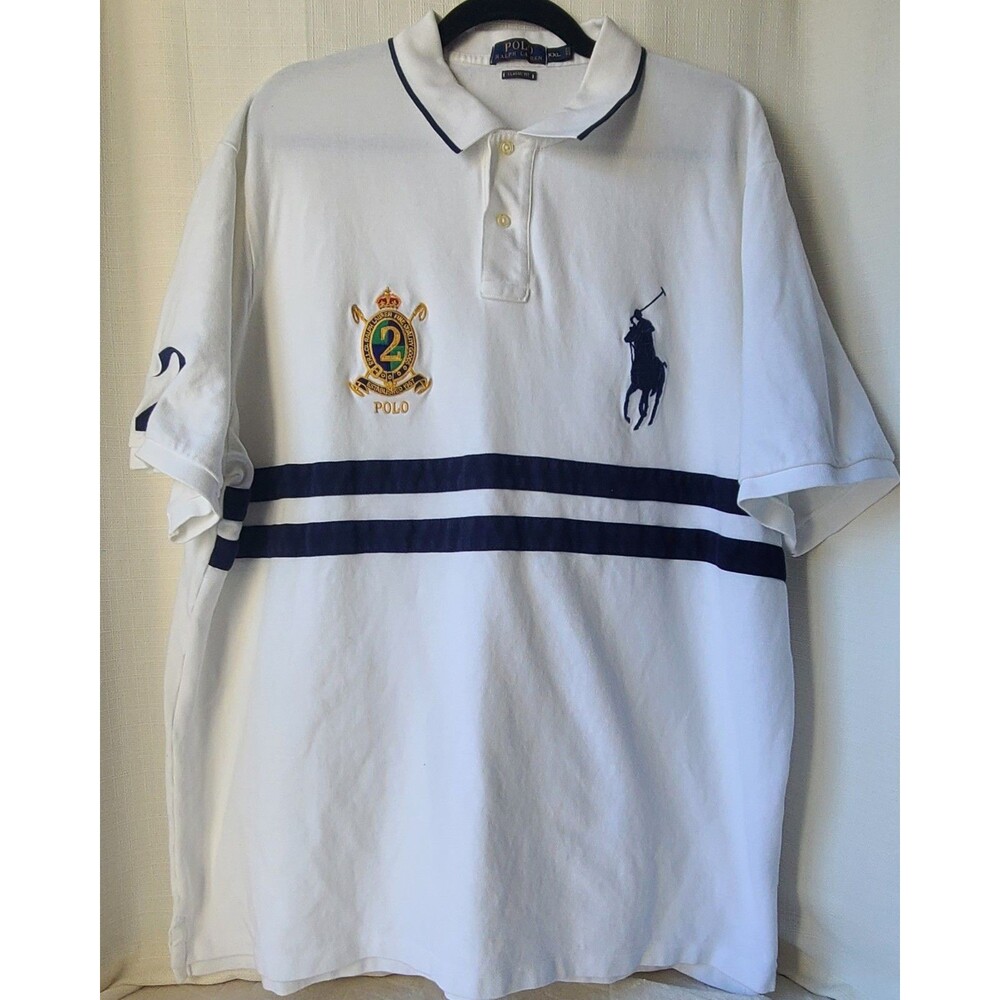 Polo Ralph Lauren Men XXL Big Pony #2 Crest Rugby Polo Shirt White Navy Vintage